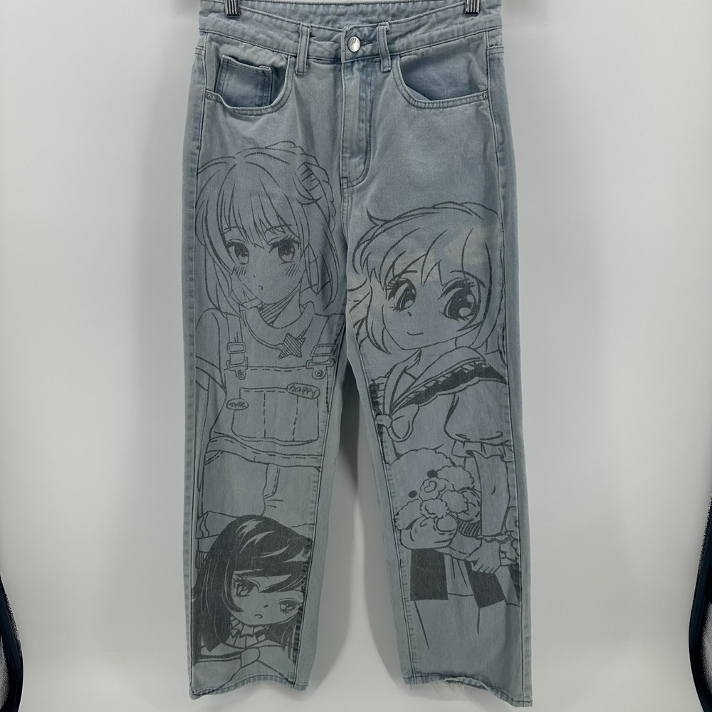 Romwe Jeans‎ Womens 6 Blue High Rise 5-Pocket Anime Print Y2K Straight Leg Denim